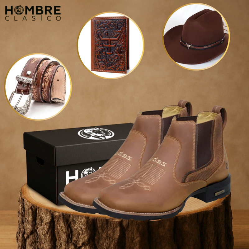 Kit Bota El Patrón en Cuero Legítimo +REGALOS: Sombrero de Cuero, Cinturón y Billetera