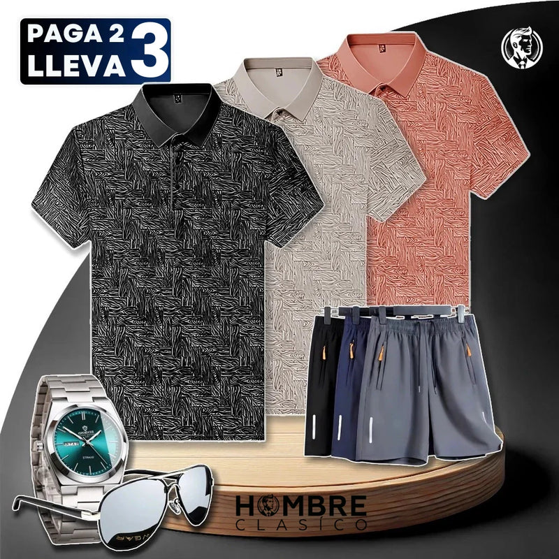 [Pague 2, Lleve 3] Kit de Camisas Polo Vex Texturizada de Seda Hielo + REGALOS: 3 Pantalones Cortos, Reloj y Gafas